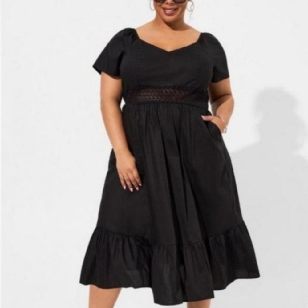 Torrid Midi Poplin Sheer Waist Dress Black Plus Size Women Black 0 BNWT